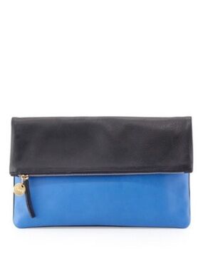 Clare V Supreme Colorblock Fold-Over Tumbled Leather Clutch Bag Navy Cobalt Blue
